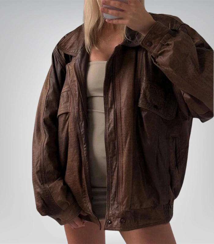 Vintage 70s brown leather jacket – classic oversized bomber style