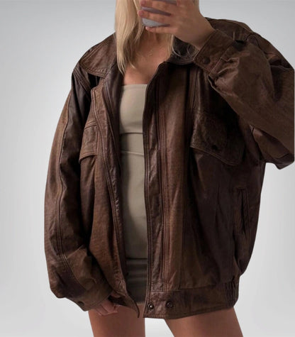 Vintage 70s brown leather jacket – classic oversized bomber style