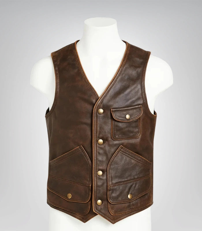 Vintage brown leather vest – men’s motorcycle racer design
