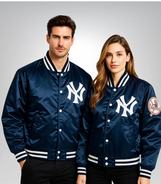 NY Yankees vintage 90s blue satin bomber jacket – varsity style