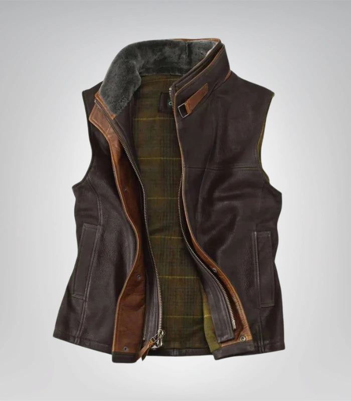 Men’s western cowboy vest – dark brown leather with shearling trim
