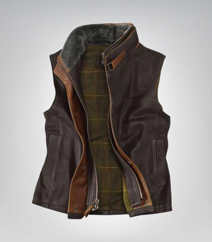 Men’s western cowboy vest – dark brown leather with shearling trim