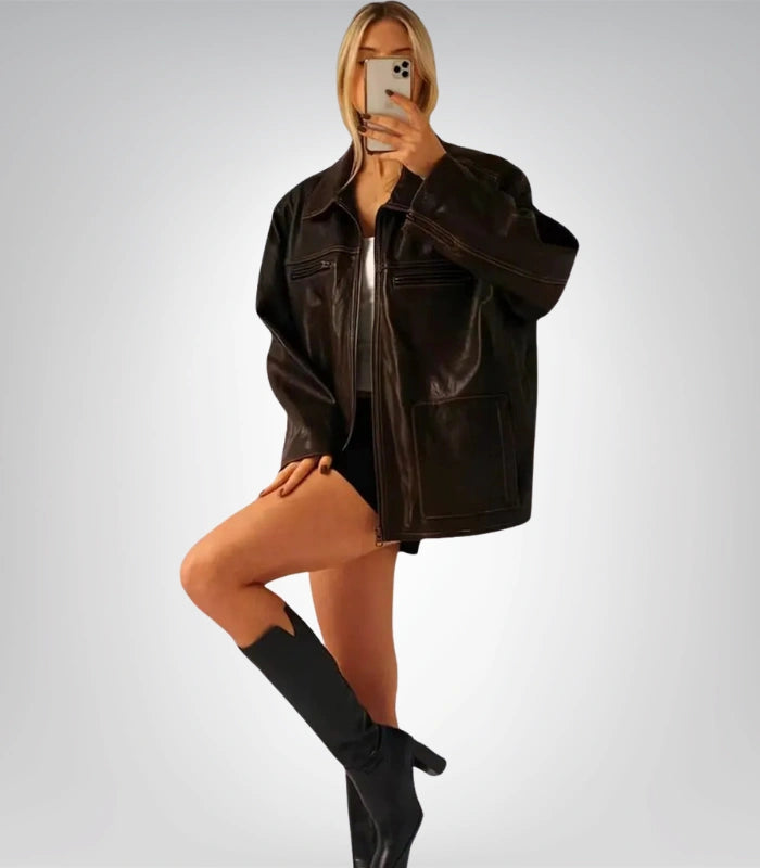 Retro 80s brown genuine leather jacket in oversized style