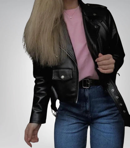Genuine Sheepskin Leather Biker Jacket for Women – Classic Black Design