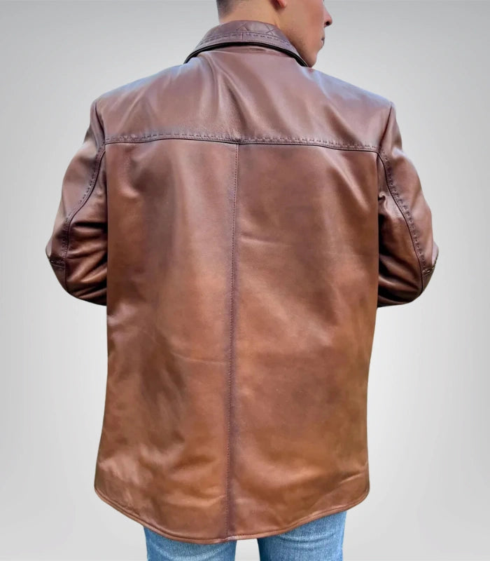 Men’s long brown leather jacket – classic premium leather coat