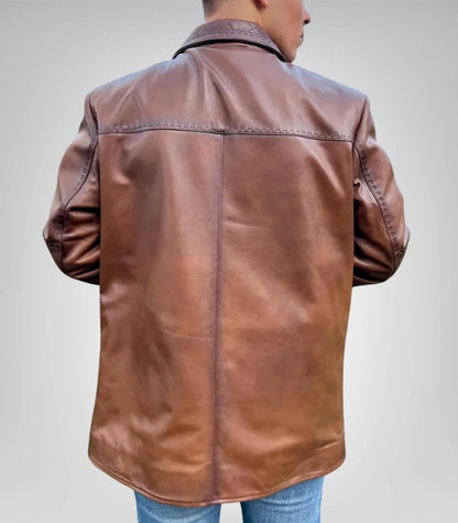 Men’s long brown leather jacket – classic premium leather coat