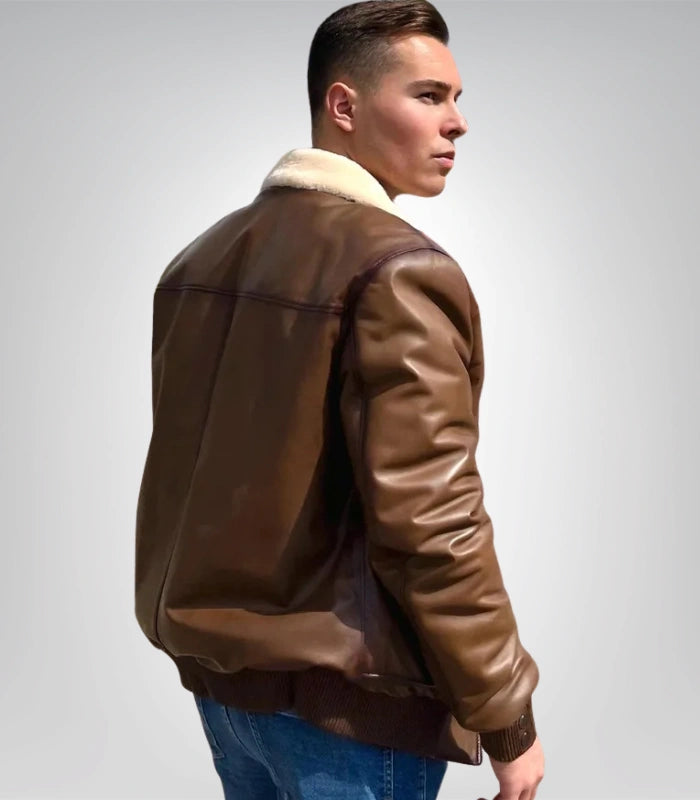 Men’s leather bomber jacket – beige fur trim design