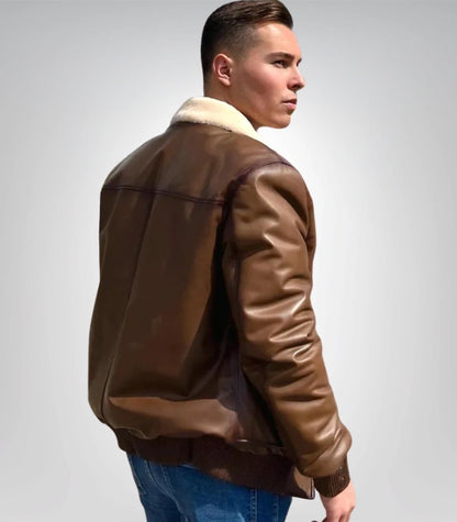 Men’s leather bomber jacket – beige fur trim design