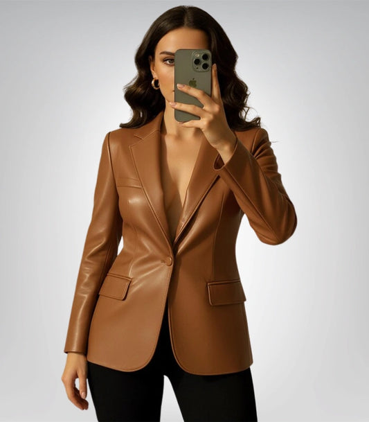 Women’s brown leather blazer – genuine fitted handmade jacket