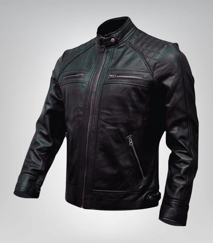 Men’s Diamond Quilted Black Leather Biker Jacket Slim Fit Retro Style