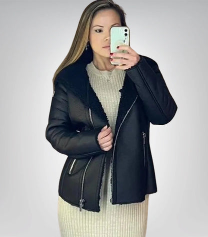 Women’s shearling lined black leather jacket – peplum biker outerwear