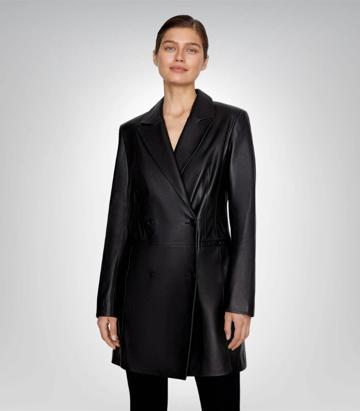 Premium women’s black leather trench coat – long elegant design