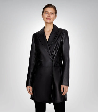 Premium women’s black leather trench coat – long elegant design