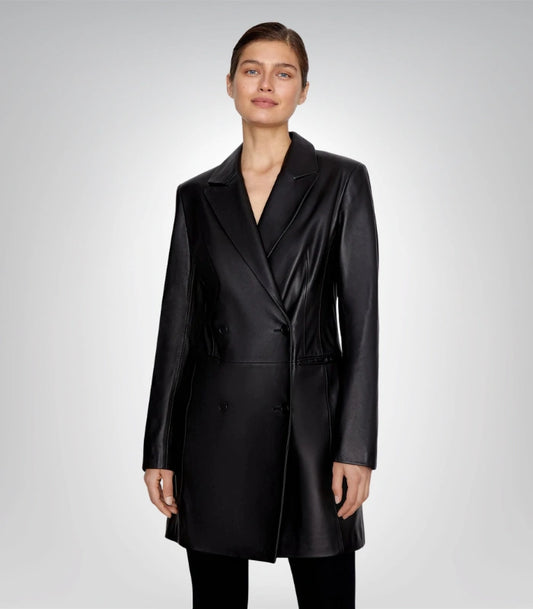 Premium women’s black leather trench coat – long elegant design