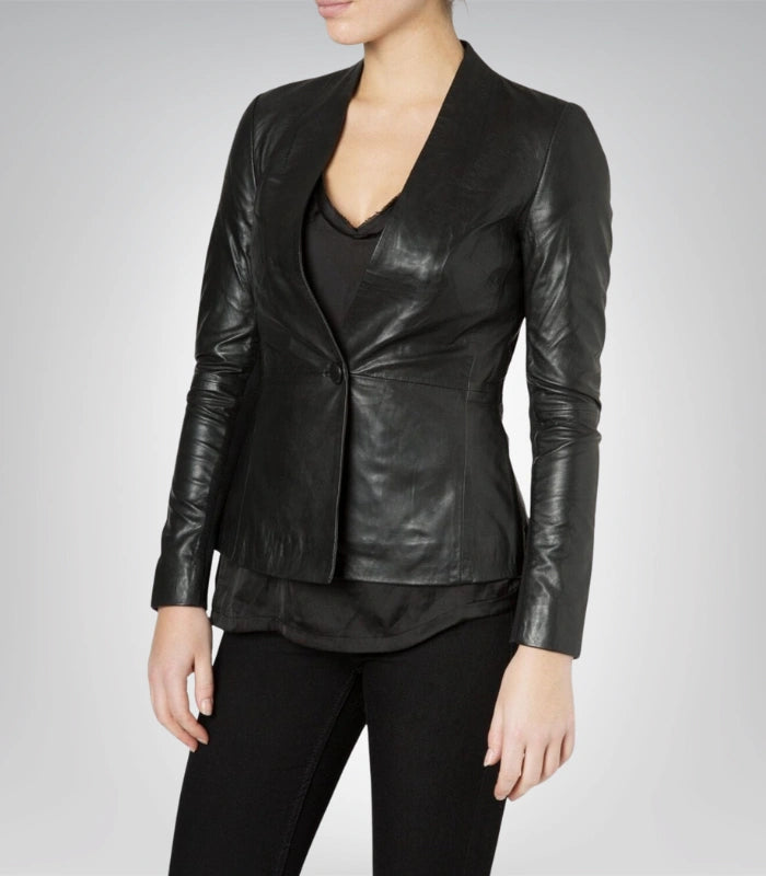 Short black leather blazer for women – street style fashion jacket