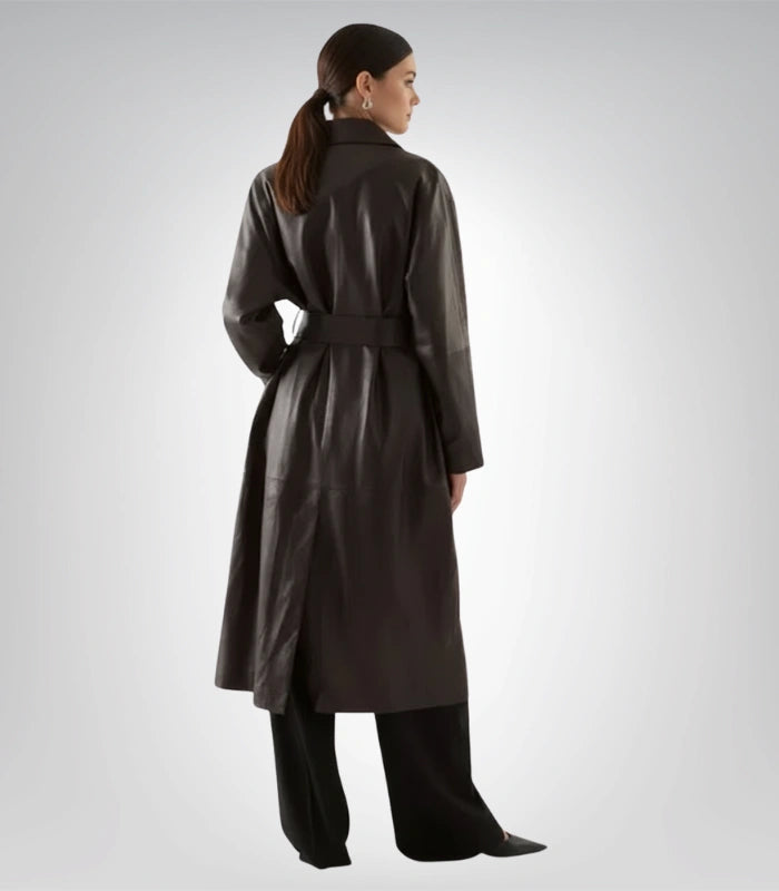 Long leather coat for women – elegant trench style jacket