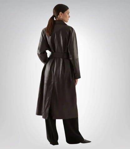 Long leather coat for women – elegant trench style jacket