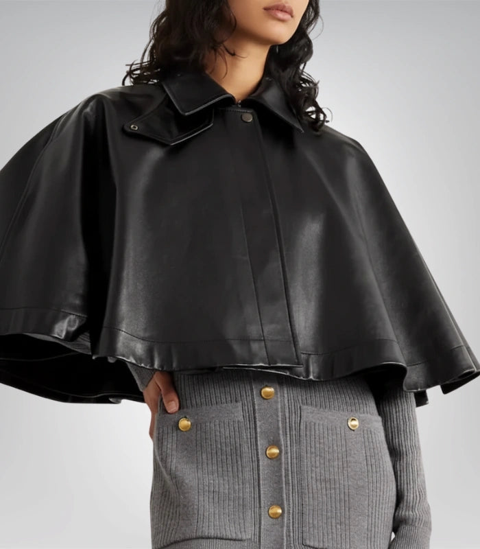 Handmade Black Leather Poncho – Women’s Luxury Cape with Buttons