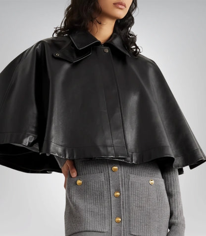 Handmade Black Leather Poncho – Women’s Luxury Cape with Buttons