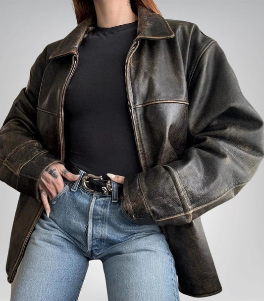 Women’s brown leather biker jacket – distressed oversized sheepskin moto coat