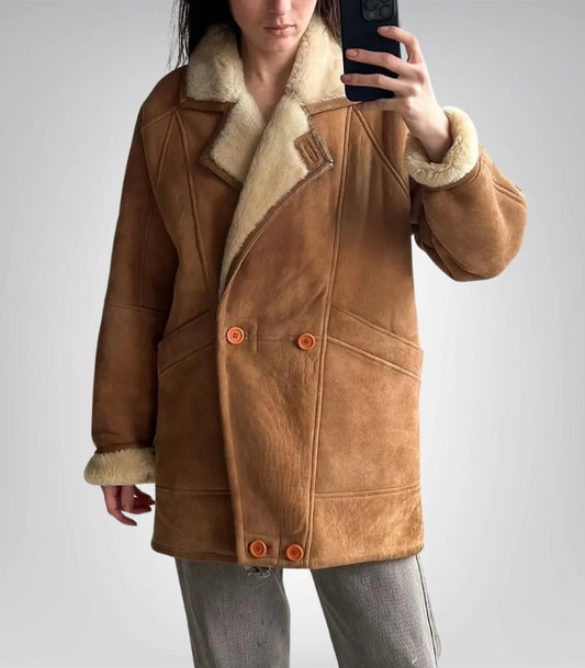 Women’s sheepskin shearling leather coat – handmade 1970s winter style