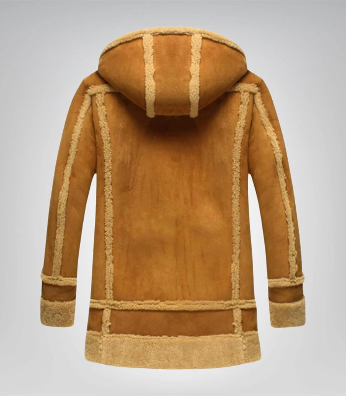 Men's Suede Leather Shearling Bomber Jacket Hooded Winter Coat