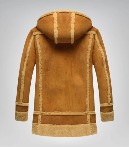 Men's Suede Leather Shearling Bomber Jacket Hooded Winter Coat