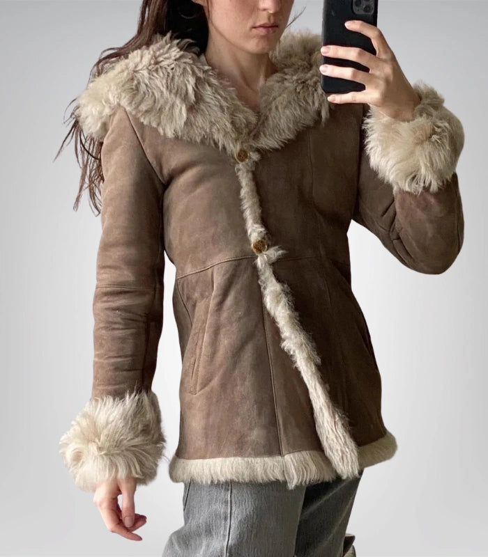 Handmade suede Afghan coat for women – sheepskin shearling hooded outerwear