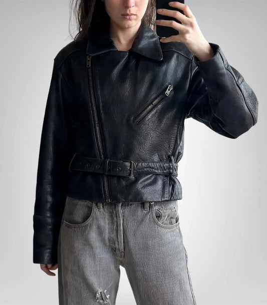 Women’s sheepskin leather motorcycle jacket – handmade black racer style