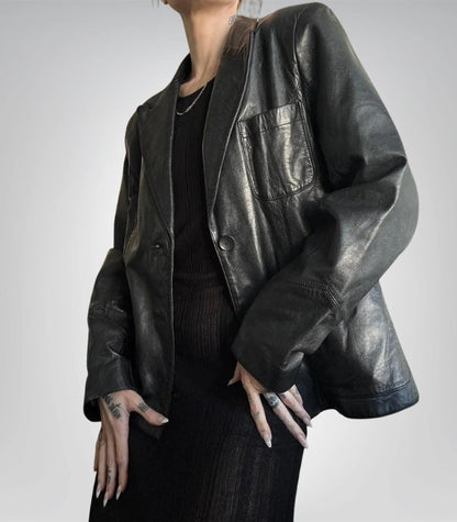 Handmade black leather blazer for women – vintage minimalist sheepskin style