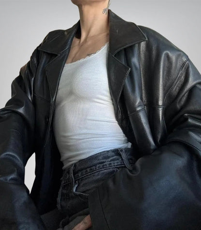 Vintage black leather long coat for women – sheepskin with buttons