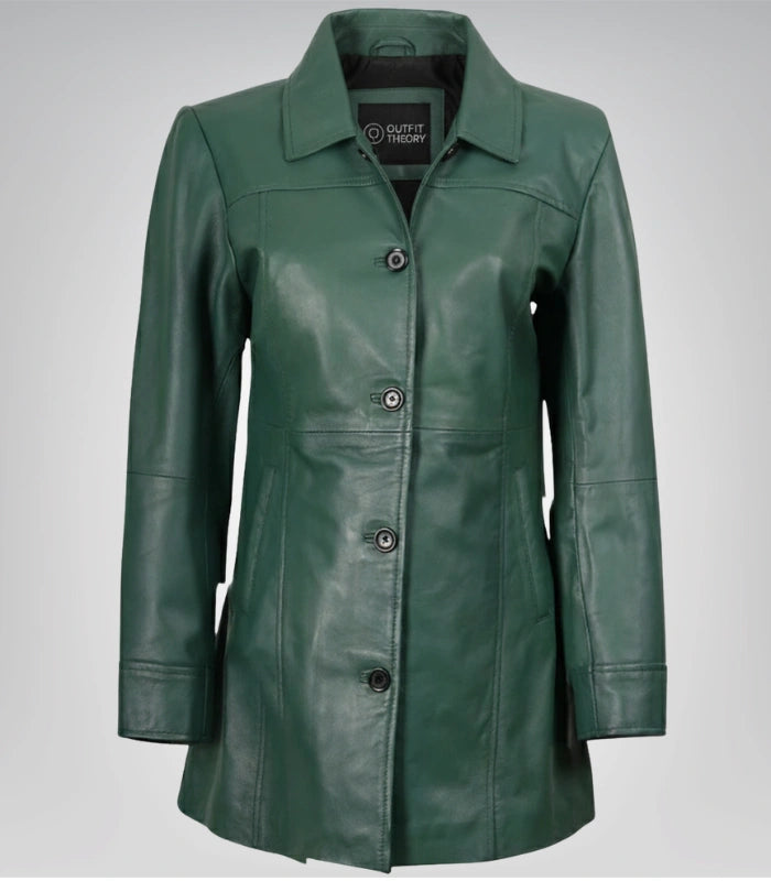 Women's Genuine Leather Mid-Length Green Coat with Buttons