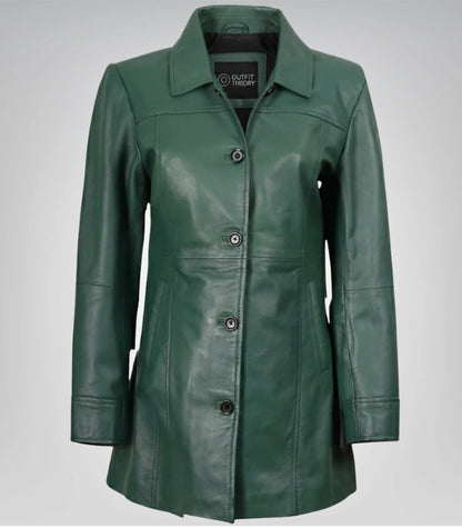 Women's Genuine Leather Mid-Length Green Coat with Buttons