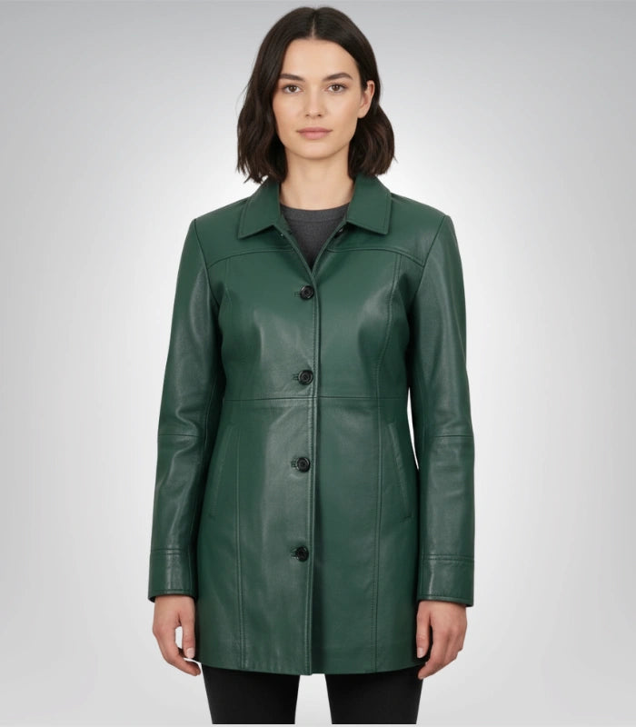 Women’s genuine leather mid-length green coat – buttoned outerwear