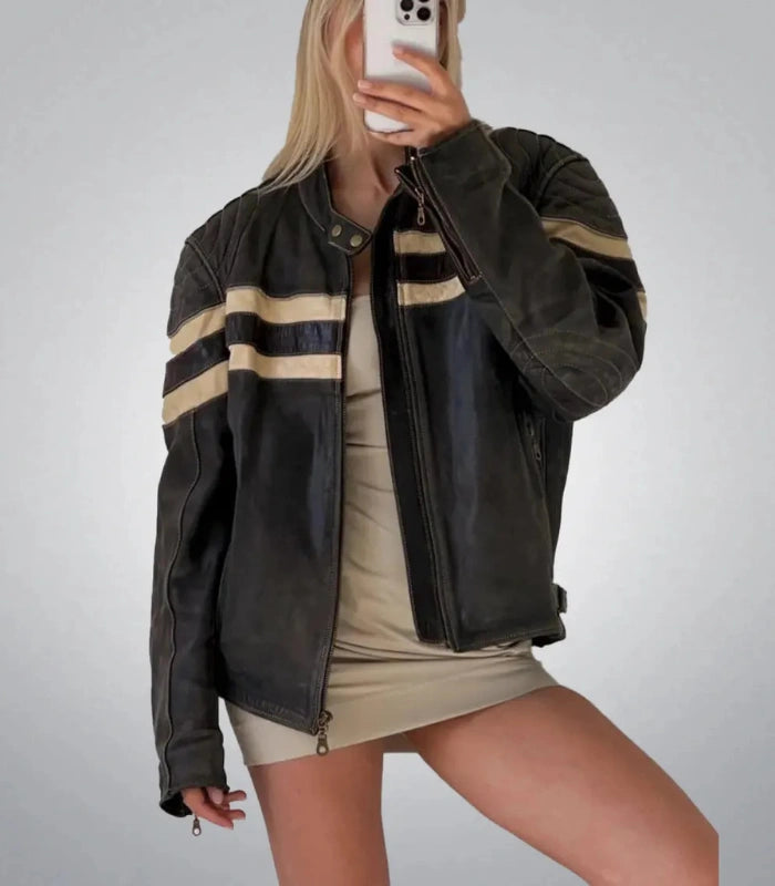 Vintage 90s leather biker jacket for women – oversized racing design