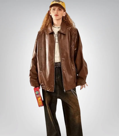 Korean style oversized bomber jacket for women – genuine leather coat