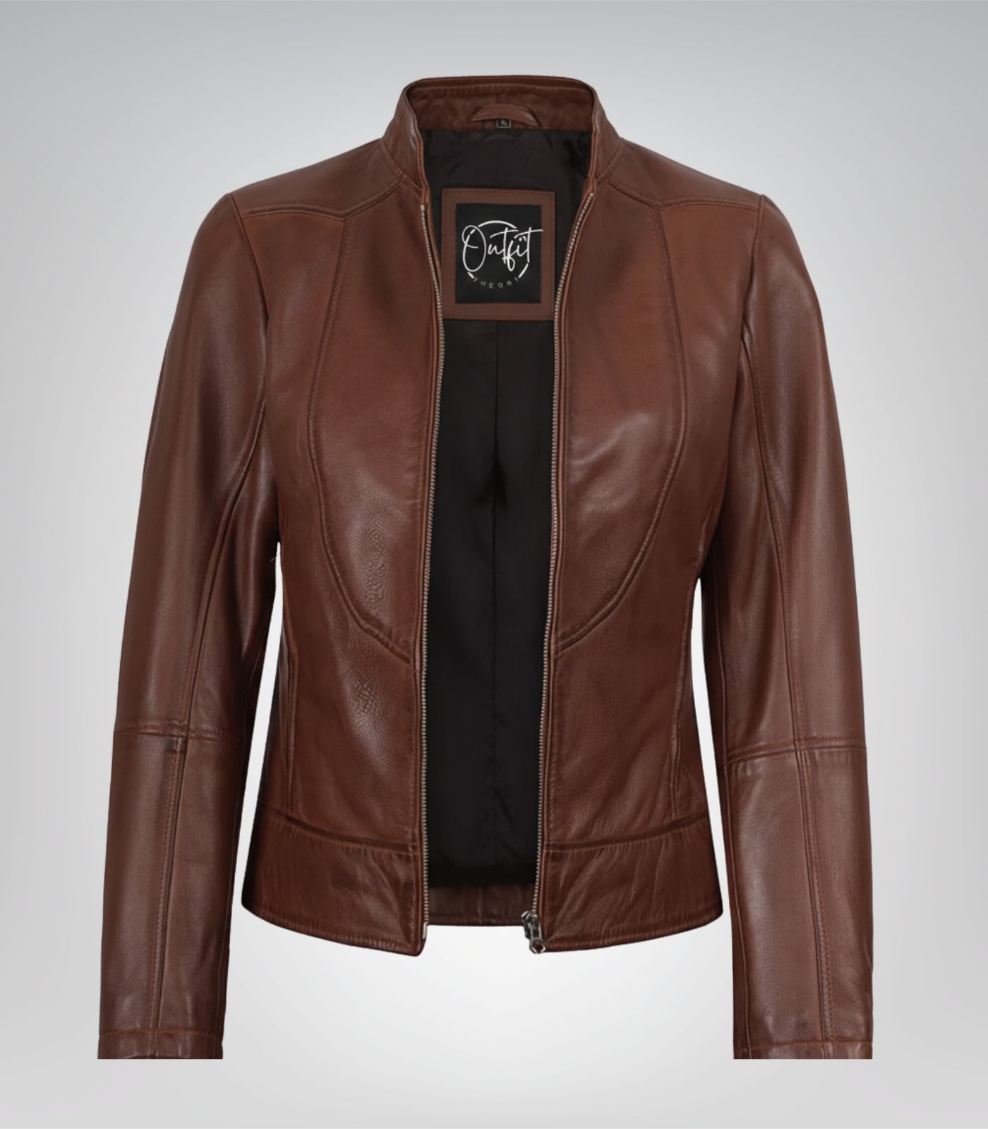 Cognac-toned real leather biker jacket for women