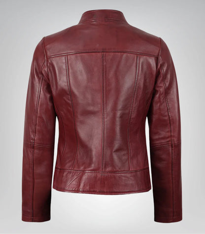 Women’s genuine burgundy lambskin leather jacket – motorcycle style design
