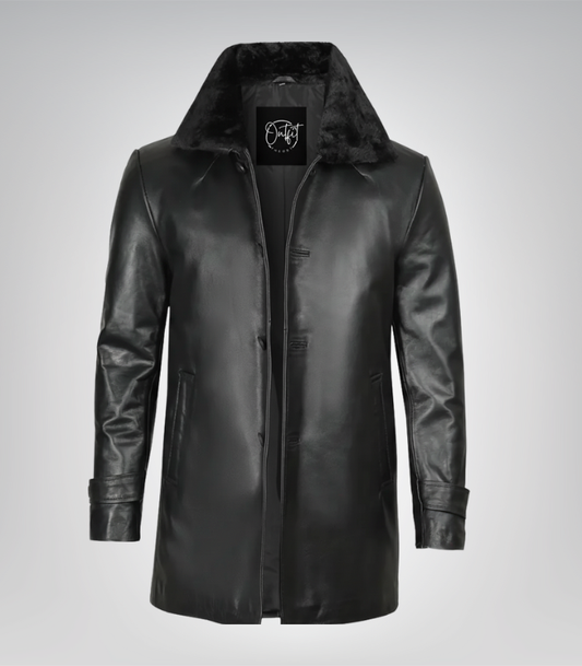 Men’s Classic Black Leather Long Coat – 3/4 Length with Shearling Style Collar