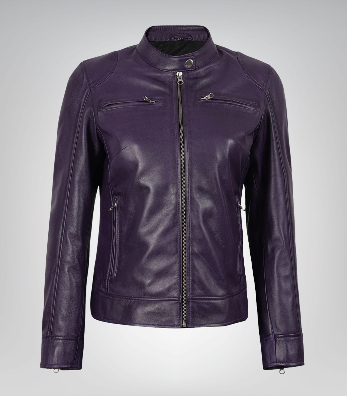 Dodge women’s premium purple lambskin leather biker jacket