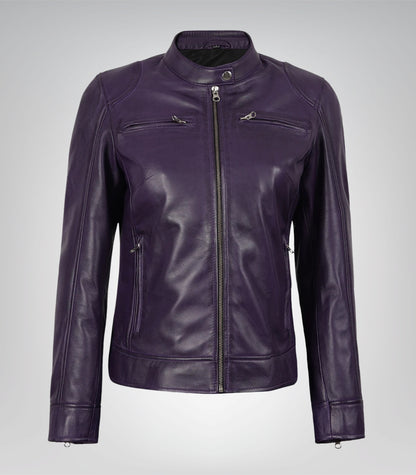 Dodge women’s premium purple lambskin leather biker jacket