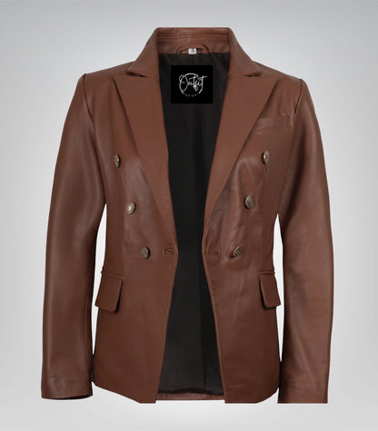 Women’s premium cognac lambskin leather blazer jacket