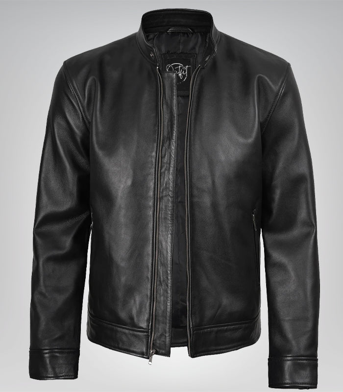 Classic men’s black leather Harrington jacket – Mike style outerwear design