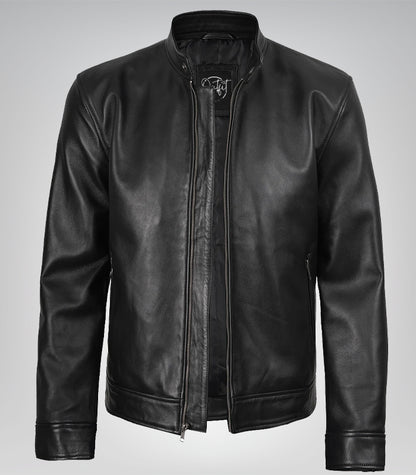 Classic men’s black leather Harrington jacket – Mike style outerwear design