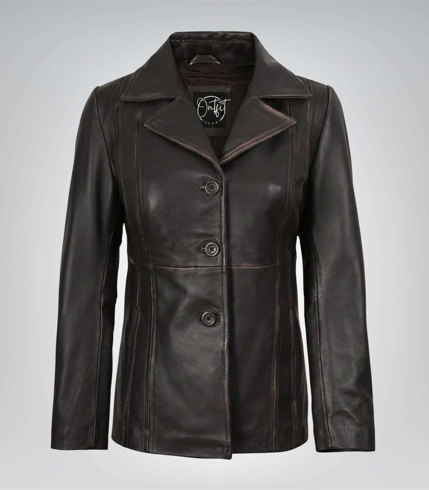 Women’s premium brown lambskin leather blazer with distressed finish