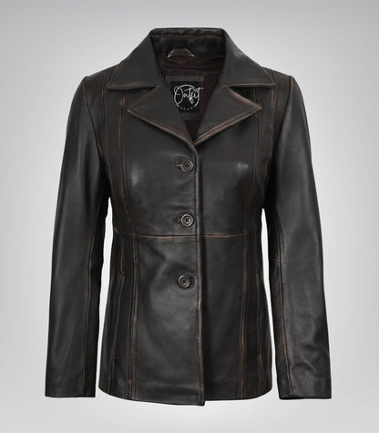 Women’s premium brown lambskin leather blazer with distressed finish