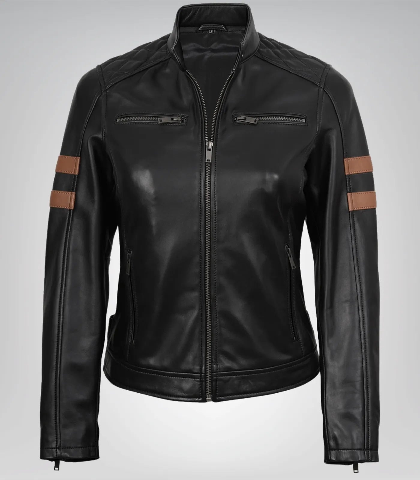 Women’s jet black moto leather jacket with amber racing stripe detail
