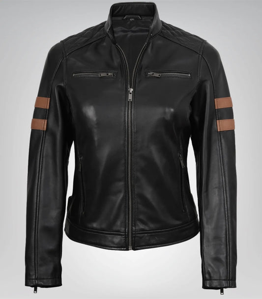 Women’s jet black moto leather jacket with amber racing stripe detail