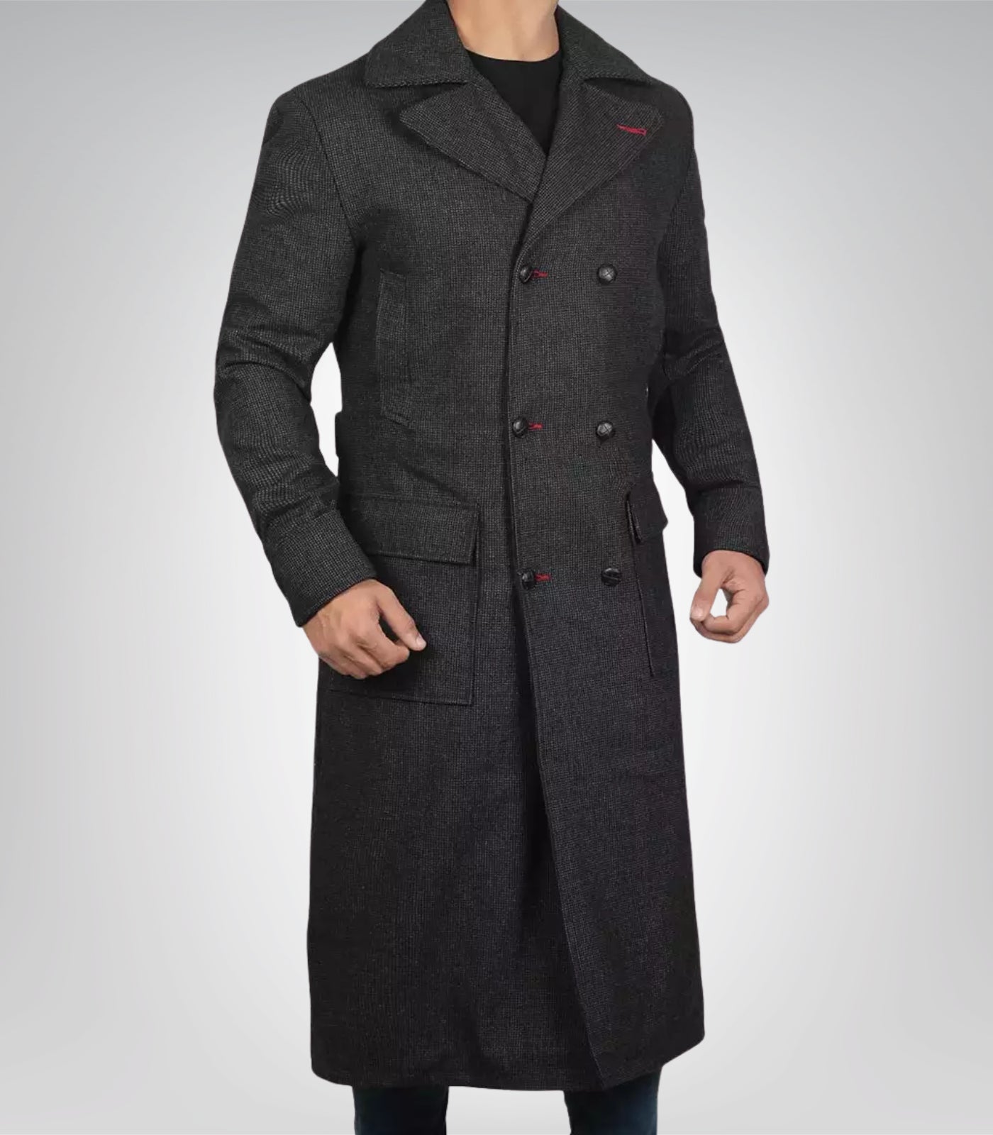 Men’s Double-Breasted Gray Wool Detective Coat with Wide Lapel