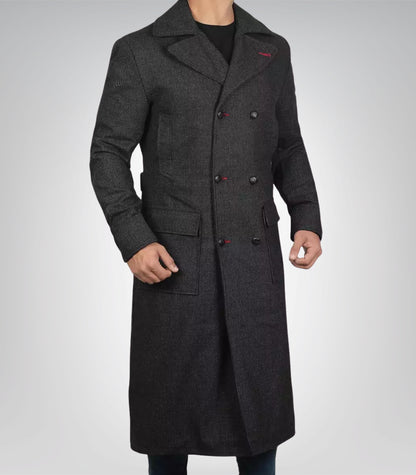 Men’s Double-Breasted Gray Wool Detective Coat with Wide Lapel